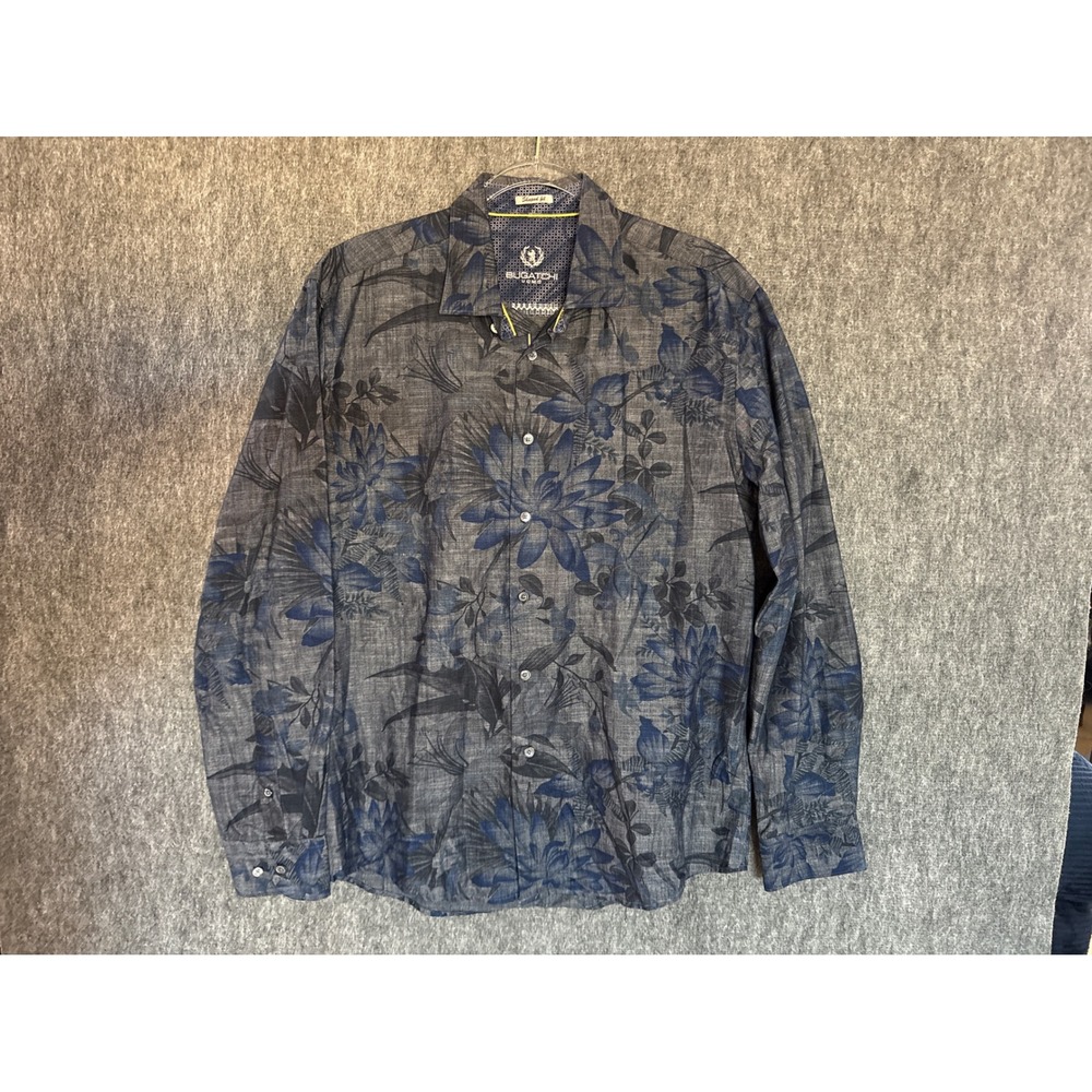 Bugatchi Uomo Mens Large Grey Blue Floral Shaped Fit Cotton‎ Button Down Shirt